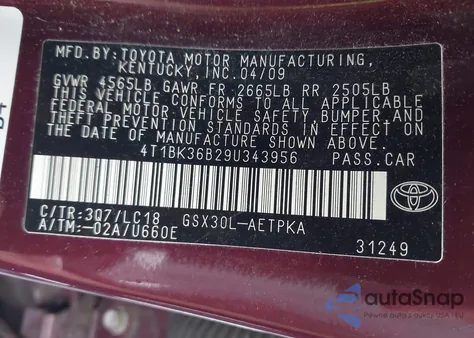 2009 Toyota Avalon Limited from USA, damaged, VIN 4T1BK36B29U343956